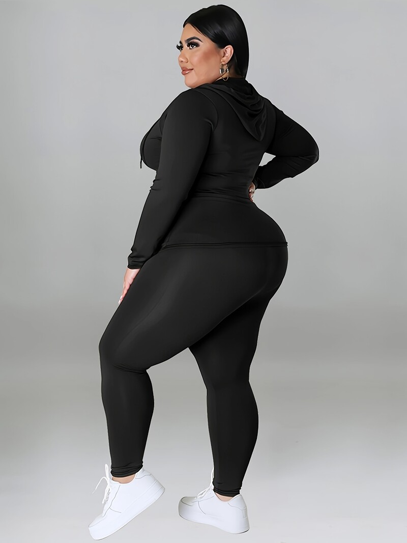 Komplet jakne i hlača s kapuljačom i hlačama s patentnim zatvaračem, ženski plus, srednje rastezljiva sportska odjeća, set od 2 komada