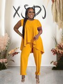 Κομψό γυναικείο σετ 2 τεμαχίων μονόχρωμο σετ μπλούζας και παντελονιού Φαρδύ καλοκαιρινό σετ Γυναικεία Ρούχα σε Plus Size Strechy Casual outfit