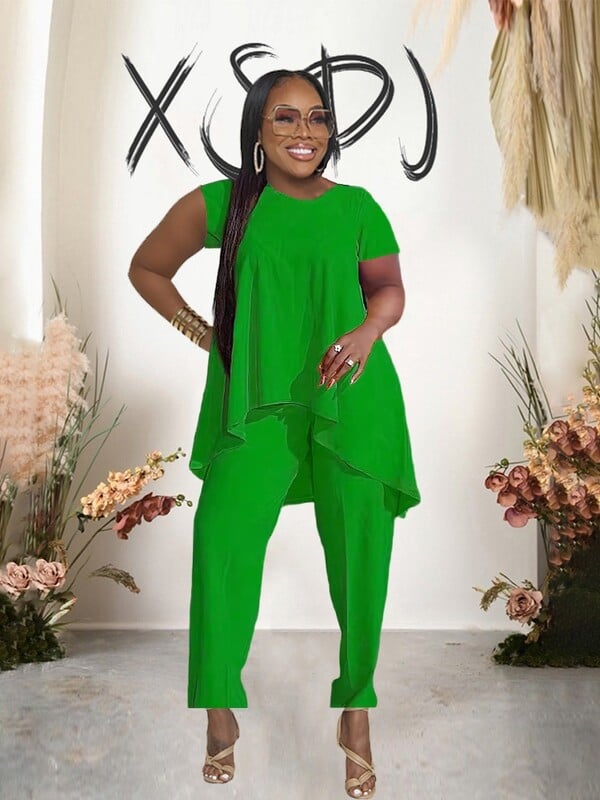 Κομψό γυναικείο σετ 2 τεμαχίων μονόχρωμο σετ μπλούζας και παντελονιού Φαρδύ καλοκαιρινό σετ Γυναικεία Ρούχα σε Plus Size Strechy Casual outfit