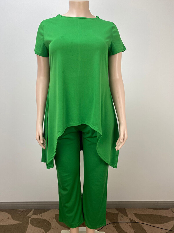 Κομψό γυναικείο σετ 2 τεμαχίων μονόχρωμο σετ μπλούζας και παντελονιού Φαρδύ καλοκαιρινό σετ Γυναικεία Ρούχα σε Plus Size Strechy Casual outfit