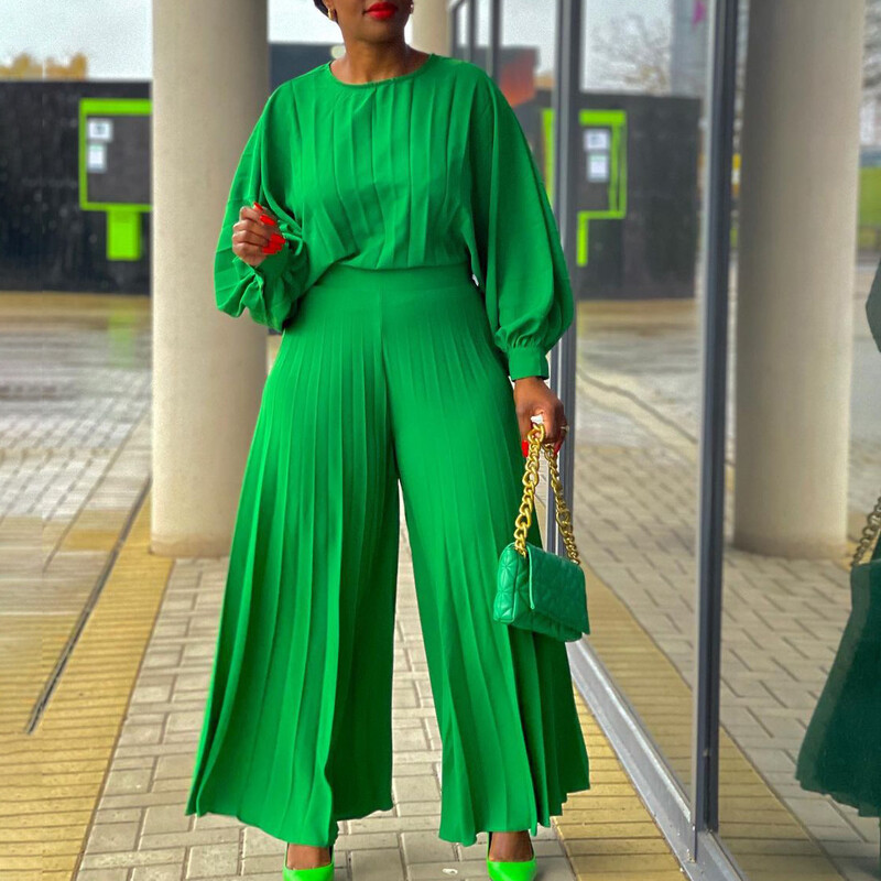 Modni 2-dijelni set s naborima za ležerno jednobojno dvodijelno odijelo s naborima opuštenog kroja Žensko odijelo s širokim nogavicama s dugim rukavima