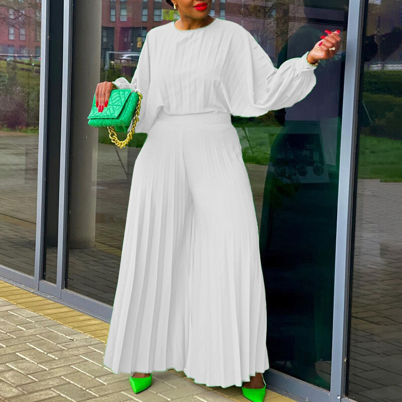 Modni 2-dijelni set s naborima za ležerno jednobojno dvodijelno odijelo s naborima opuštenog kroja Žensko odijelo s širokim nogavicama s dugim rukavima