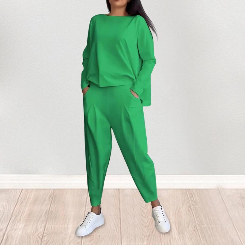 2 db/szett Női felső nadrág szett hosszú ujjú O nyakú póló Elasztikus derék hárem nadrág zsebekkel OL ingázási sport nadrágruha