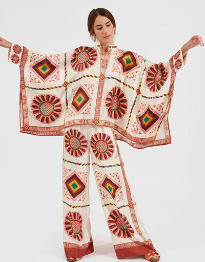 Vintage Print pükste komplektid Naiste Ebaregulaarne avar pikkade varrukatega särk Laia säärega püksid Kaheosaline komplekt Naiste moesuund tänavarõivad