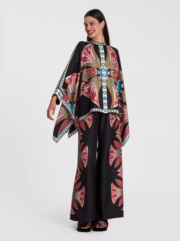 Vintage Print pükste komplektid Naiste Ebaregulaarne avar pikkade varrukatega särk Laia säärega püksid Kaheosaline komplekt Naiste moesuund tänavarõivad