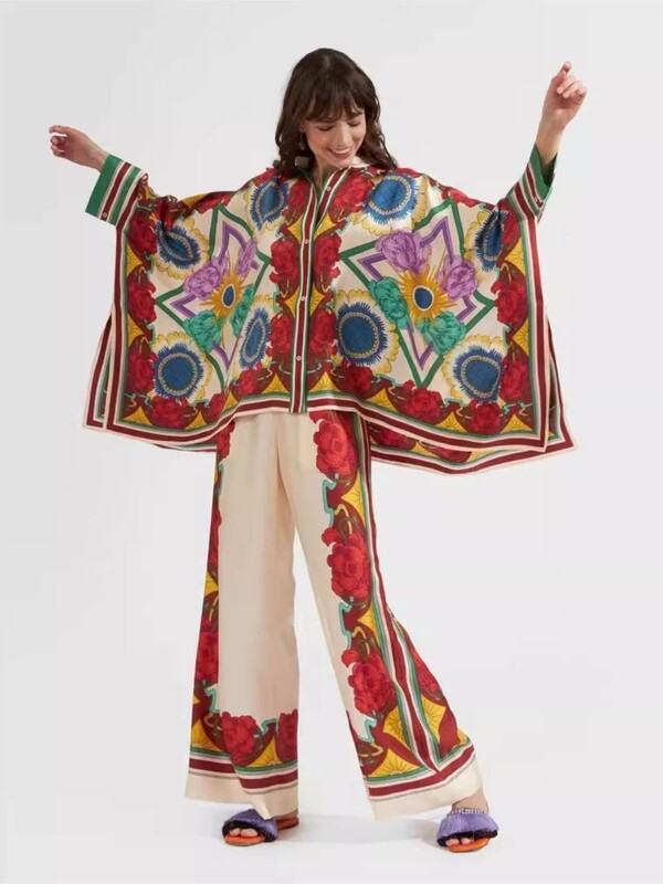 Vintage Print pükste komplektid Naiste Ebaregulaarne avar pikkade varrukatega särk Laia säärega püksid Kaheosaline komplekt Naiste moesuund tänavarõivad