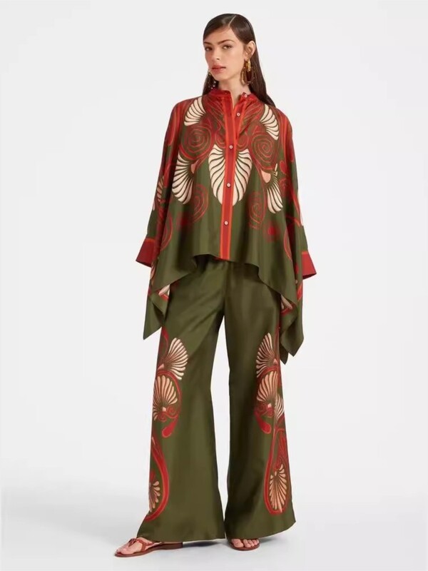 Vintage Print pükste komplektid Naiste Ebaregulaarne avar pikkade varrukatega särk Laia säärega püksid Kaheosaline komplekt Naiste moesuund tänavarõivad