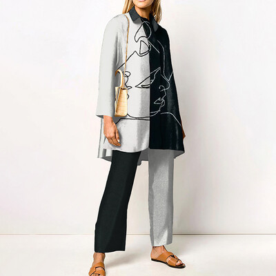 Seturi de pantaloni imprimate noi de toamnă pentru femei, cămăși lungi și pantaloni largi, set în două piese, la modă, la modă, haine de stradă, costume de damă