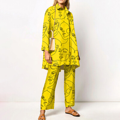 Seturi de pantaloni imprimate noi de toamnă pentru femei, cămăși lungi și pantaloni largi, set în două piese, la modă, la modă, haine de stradă, costume de damă