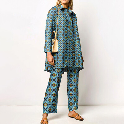 Seturi de pantaloni imprimate noi de toamnă pentru femei, cămăși lungi și pantaloni largi, set în două piese, la modă, la modă, haine de stradă, costume de damă