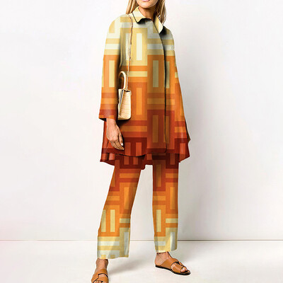 Seturi de pantaloni imprimate noi de toamnă pentru femei, cămăși lungi și pantaloni largi, set în două piese, la modă, la modă, haine de stradă, costume de damă