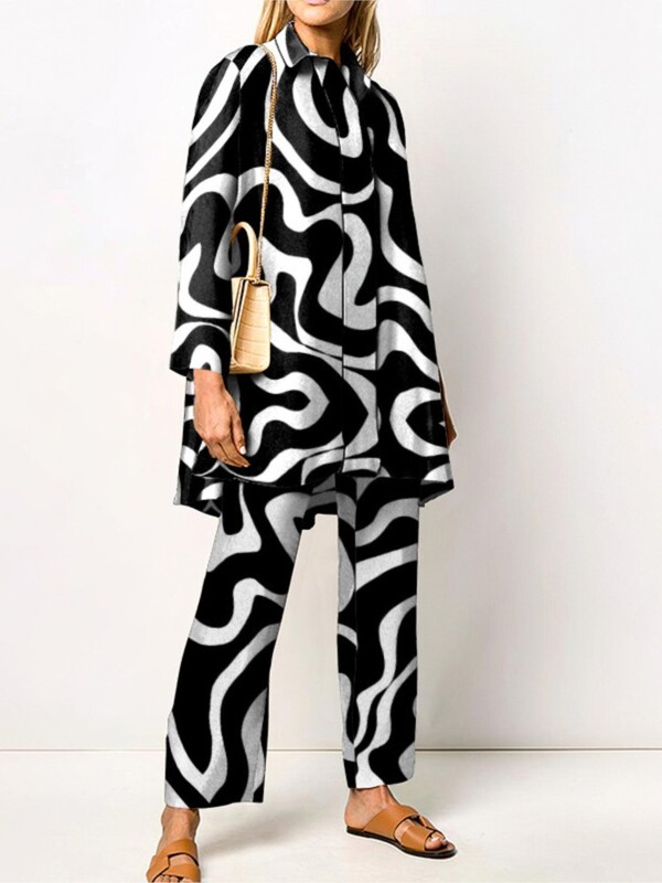 Seturi de pantaloni imprimate noi de toamnă pentru femei, cămăși lungi și pantaloni largi, set în două piese, la modă, la modă, haine de stradă, costume de damă