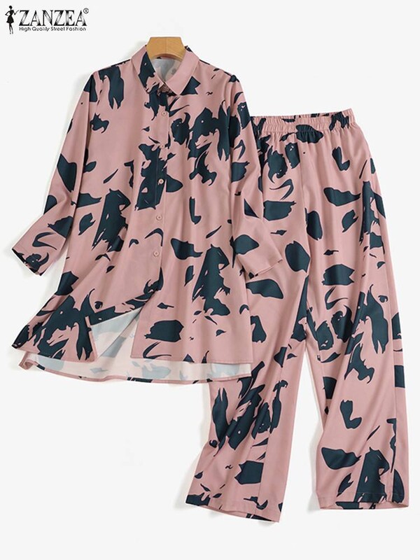 ZANZEA Ženska odijela Bluza dugih rukava s printom Hlače širokih nogavica Modni preveliki ulični salonci Ležerni kompleti hlača