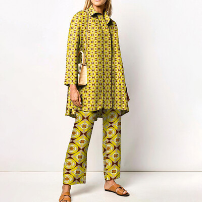 Novi jesenski široki vintage kompleti hlača s printom Ženske košulje dugih rukava i hlače širokih nogavica Dvodijelni komplet modne ulične odjeće 2024.