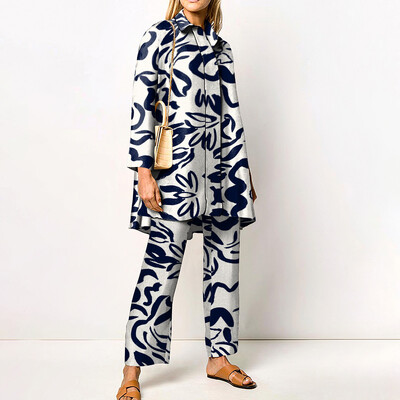 Novi jesenski široki vintage kompleti hlača s printom Ženske košulje dugih rukava i hlače širokih nogavica Dvodijelni komplet modne ulične odjeće 2024.