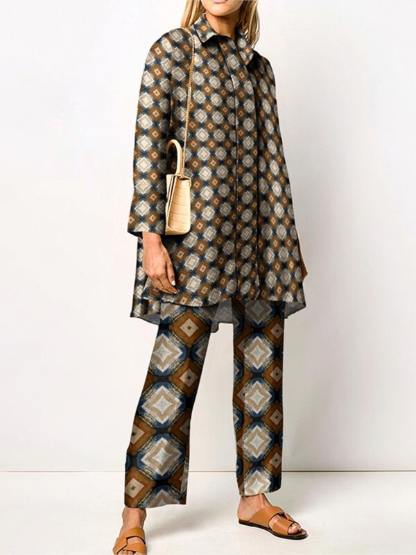 Novi jesenski široki vintage kompleti hlača s printom Ženske košulje dugih rukava i hlače širokih nogavica Dvodijelni komplet modne ulične odjeće 2024.