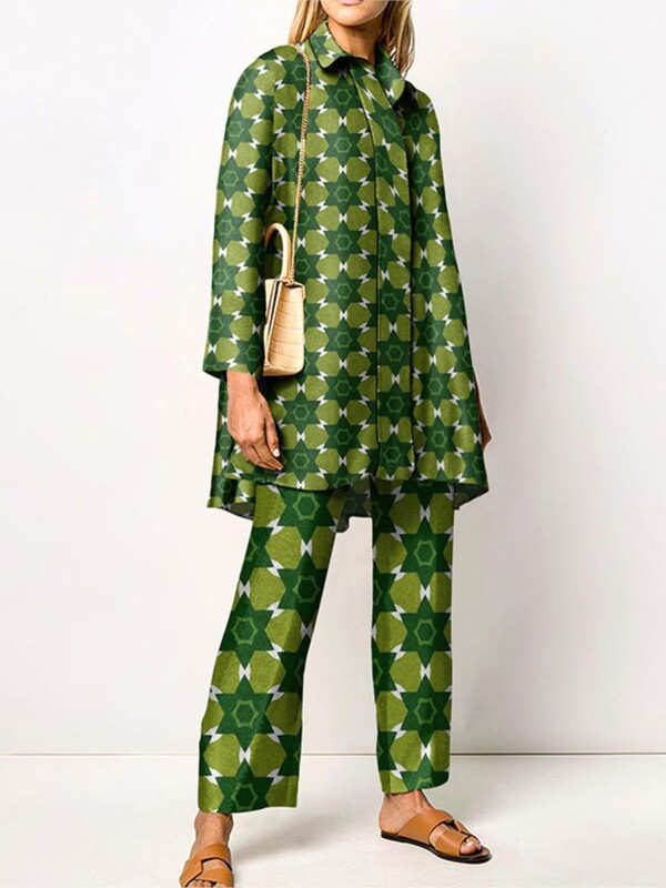 Novi jesenski široki vintage kompleti hlača s printom Ženske košulje dugih rukava i hlače širokih nogavica Dvodijelni komplet modne ulične odjeće 2024.