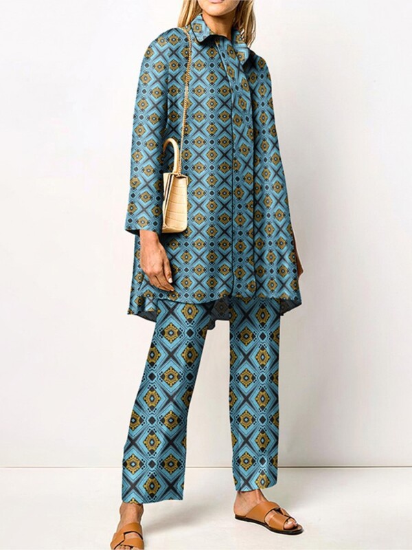 Novi jesenski široki vintage kompleti hlača s printom Ženske košulje dugih rukava i hlače širokih nogavica Dvodijelni komplet modne ulične odjeće 2024.