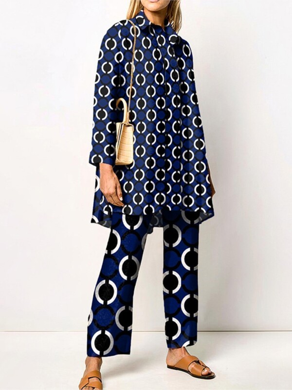 Novi jesenski široki vintage kompleti hlača s printom Ženske košulje dugih rukava i hlače širokih nogavica Dvodijelni komplet modne ulične odjeće 2024.