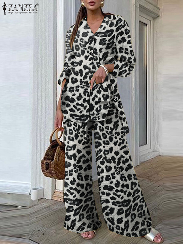 ZANZEA Vintage 2PCS kompleti hlača Ljeto 2024. Ženska moda Leopard otisnuti ležerni široki gornji dijelovi i kompleti hlača Kompleti hlača širokih nogavica