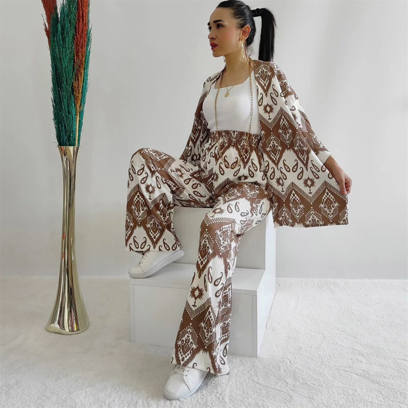 Kompleti hlača s printom na kardigan Ženska elegantna košulja dugih rukava s V izrezom Hlače širokih nogavica Odijela Ženska odjeća Trend 2024. Ženski set od 2 komada