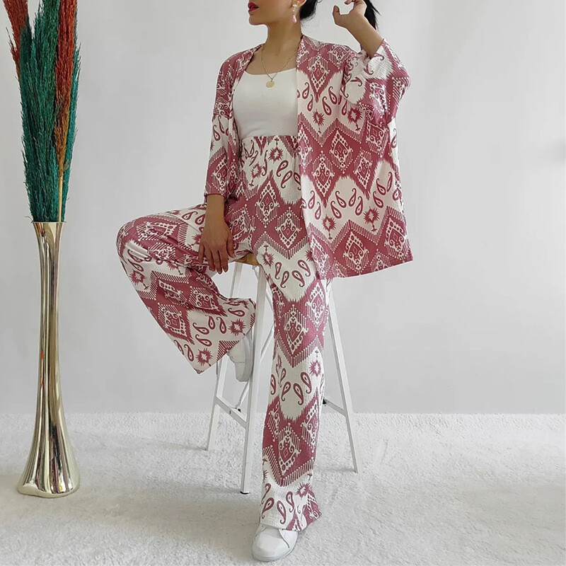 Kompleti hlača s printom na kardigan Ženska elegantna košulja dugih rukava s V izrezom Hlače širokih nogavica Odijela Ženska odjeća Trend 2024. Ženski set od 2 komada