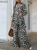 2024 ZANZEA Vintage kompleti hlača Ljetna ženska moda leopard print ležerne široke majice i hlače Kompleti hlača širokih nogavica 2 KOM.