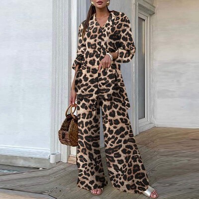 2024 ZANZEA Vintage kompleti hlača Ljetna ženska moda leopard print ležerne široke majice i hlače Kompleti hlača širokih nogavica 2 KOM.