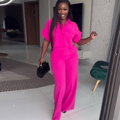 Ženski dvodijelni kompleti Proljeće Ljeto Ležerni Jednobojni Ovratnik Kratkih rukava Široki gornji dio i komplet hlača širokih nogavica Ulična odjeća