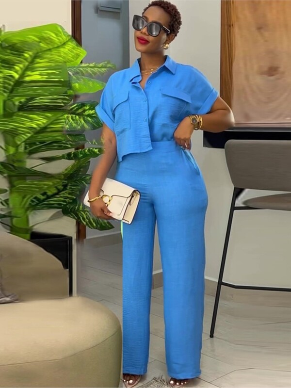 Ženski dvodijelni kompleti Proljeće Ljeto Ležerni Jednobojni Ovratnik Kratkih rukava Široki gornji dio i komplet hlača širokih nogavica Ulična odjeća