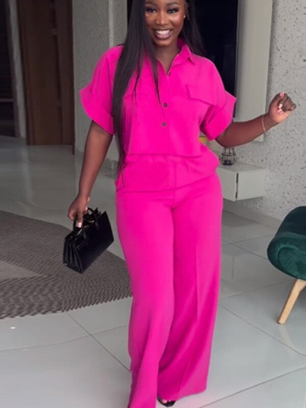 Ženski dvodijelni kompleti Proljeće Ljeto Ležerni Jednobojni Ovratnik Kratkih rukava Široki gornji dio i komplet hlača širokih nogavica Ulična odjeća