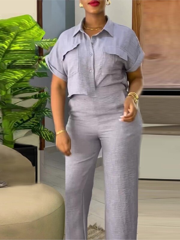 Ženski dvodijelni kompleti Proljeće Ljeto Ležerni Jednobojni Ovratnik Kratkih rukava Široki gornji dio i komplet hlača širokih nogavica Ulična odjeća