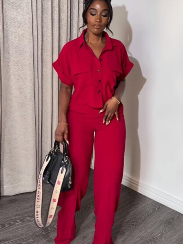 Ženski dvodijelni kompleti Proljeće Ljeto Ležerni Jednobojni Ovratnik Kratkih rukava Široki gornji dio i komplet hlača širokih nogavica Ulična odjeća