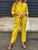 Дамски памучно бельо, едноцветни комплекти от две части, 2024, пролет, есен, мода, горна част с V-образно деколте, еластична талия, свободен широк комплект панталони