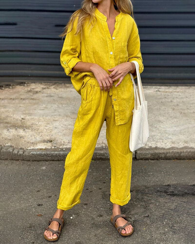 Дамски памучно бельо, едноцветни комплекти от две части, 2024, пролет, есен, мода, горна част с V-образно деколте, еластична талия, свободен широк комплект панталони