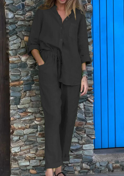 Дамски памучно бельо, едноцветни комплекти от две части, 2024, пролет, есен, мода, горна част с V-образно деколте, еластична талия, свободен широк комплект панталони