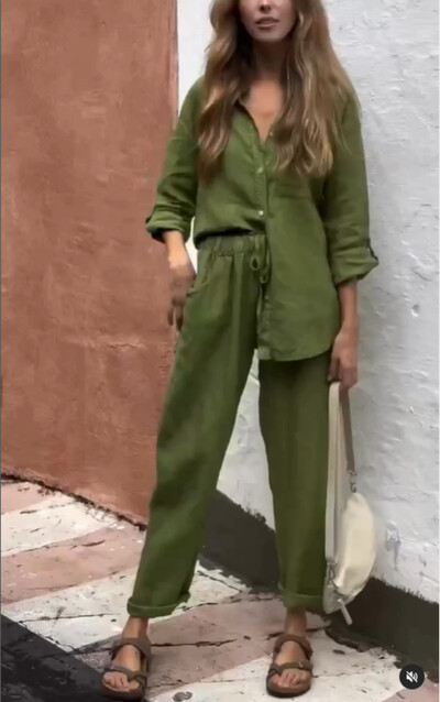 Дамски памучно бельо, едноцветни комплекти от две части, 2024, пролет, есен, мода, горна част с V-образно деколте, еластична талия, свободен широк комплект панталони