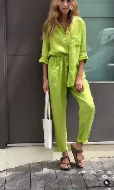 Дамски памучно бельо, едноцветни комплекти от две части, 2024, пролет, есен, мода, горна част с V-образно деколте, еластична талия, свободен широк комплект панталони