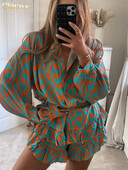 Clacive Fashion Loose Print 2 Piece Sets Γυναικεία στολή 2024 Κομψό μακρυμάνικο πουκάμισο με ψηλόμεσο πλισέ σορτς Γυναικείο