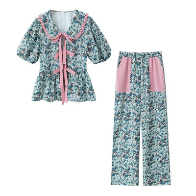 TELLHONEY Moda femeie guler rever cu dantelă cu pliuri Top talie elastică culori contrastante pantaloni ocazional pentru femeie set două piese