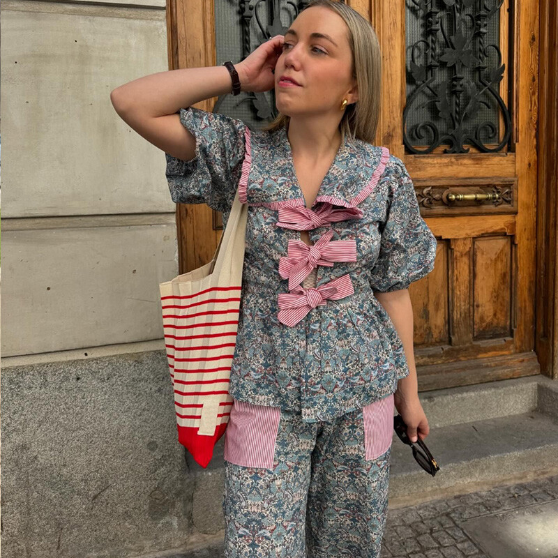 TELLHONEY Moda femeie guler rever cu dantelă cu pliuri Top talie elastică culori contrastante pantaloni ocazional pentru femeie set două piese