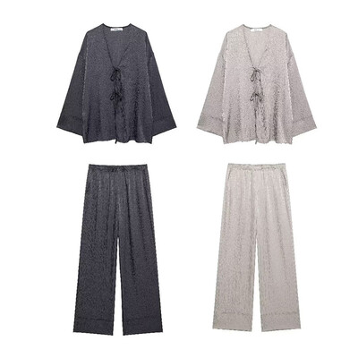 TRAF Seturi pantaloni cu picioare late pentru femei 2 piese la modă cămașă largi cu șireturi Top Costum damă Set 2 piese ținută femei
