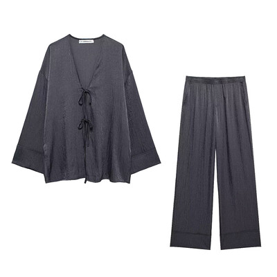 TRAF Kompleti hlača širokih nogavica za žene 2-dijelni modni široki gornji dio košulje na vezanje Žensko odijelo 2-dijelni set ženske odjeće