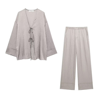 TRAF Kompleti hlača širokih nogavica za žene 2-dijelni modni široki gornji dio košulje na vezanje Žensko odijelo 2-dijelni set ženske odjeće