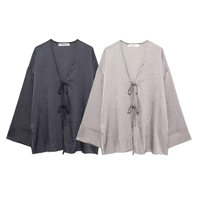 TRAF Kompleti hlača širokih nogavica za žene 2-dijelni modni široki gornji dio košulje na vezanje Žensko odijelo 2-dijelni set ženske odjeće