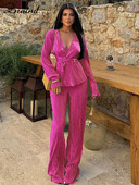 Znaiml Elegantsed plisseeritud kaks 2-osalist komplekti Naiste Täisvarrukatega V-kaelusega vöötopsid ja laia säärega püksid Kontori daamirõivad Puhkuseülikonnad