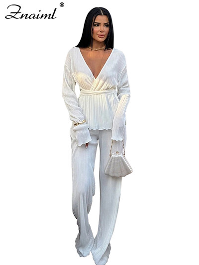 Znaiml Elegantsed plisseeritud kaks 2-osalist komplekti Naiste Täisvarrukatega V-kaelusega vöötopsid ja laia säärega püksid Kontori daamirõivad Puhkuseülikonnad