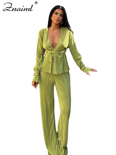 Znaiml Elegantsed plisseeritud kaks 2-osalist komplekti Naiste Täisvarrukatega V-kaelusega vöötopsid ja laia säärega püksid Kontori daamirõivad Puhkuseülikonnad
