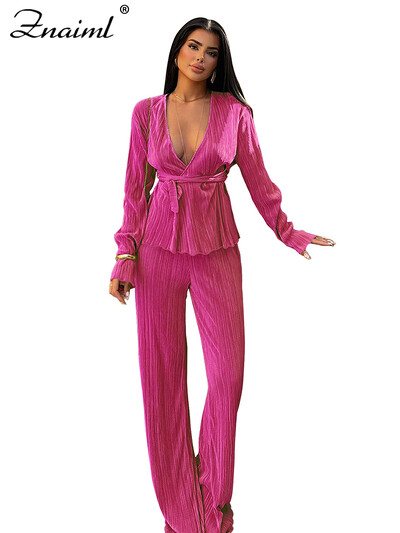 Znaiml Elegantsed plisseeritud kaks 2-osalist komplekti Naiste Täisvarrukatega V-kaelusega vöötopsid ja laia säärega püksid Kontori daamirõivad Puhkuseülikonnad