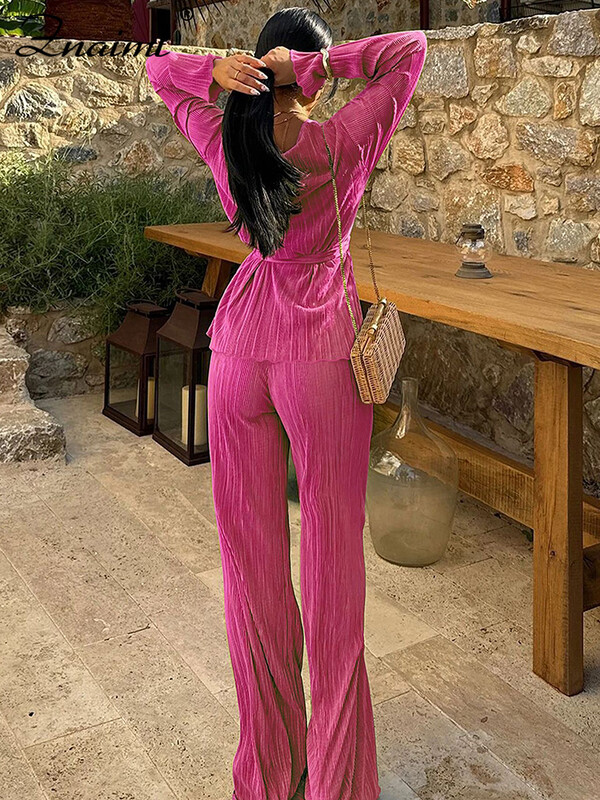 Znaiml Elegantsed plisseeritud kaks 2-osalist komplekti Naiste Täisvarrukatega V-kaelusega vöötopsid ja laia säärega püksid Kontori daamirõivad Puhkuseülikonnad